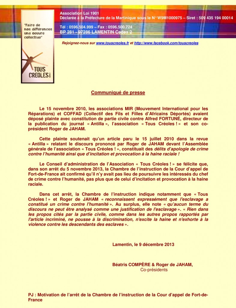 TOUS CREOLES COMMUNIQUE ARRET MIR COFFAD